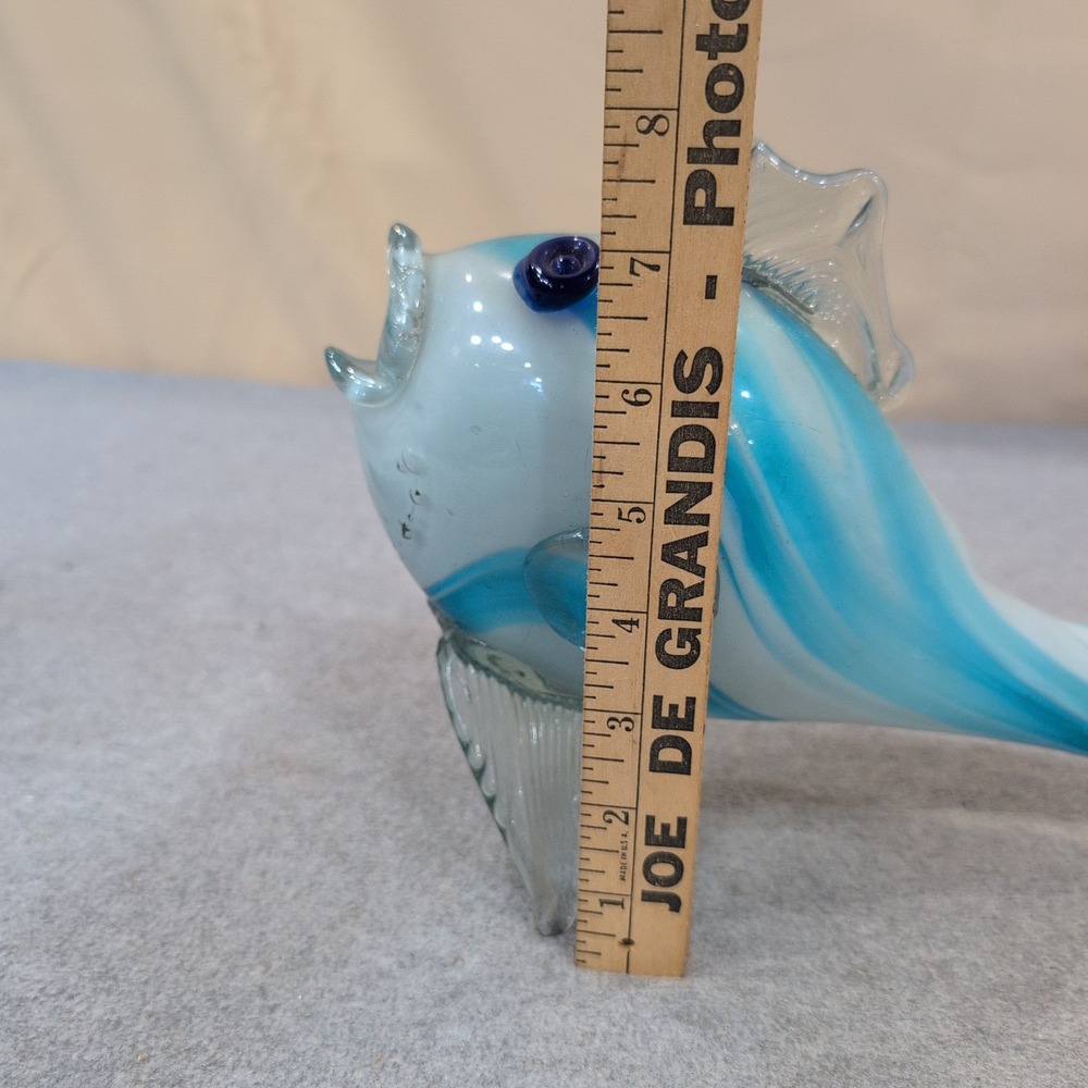 Hand Blown Art Glass Fish Figurine Blue White Swirl Nautical Decor Sculpture - Picture 7 of 8